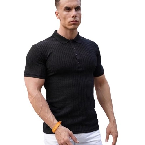 European and American cross-border foreign trade Wish Men's Summer Sports Fitness Casual Elastic Striped Short-Sleeve POLO Shirt Men's Trend