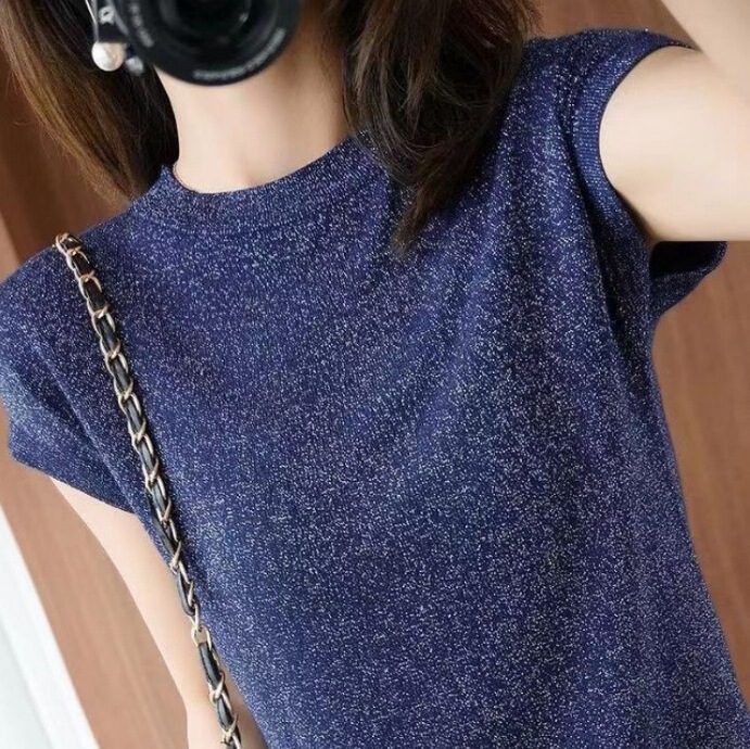 2025 Spring and Summer New Bright Silk Round Neck Short Sleeve Loose Comfortable T-Shirt Thin Outer Wear Knitwear