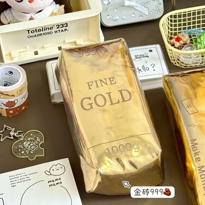 金元宝笔袋创意搞怪ins 学生通用便携耐脏防水金色发财文具收纳袋|undefined