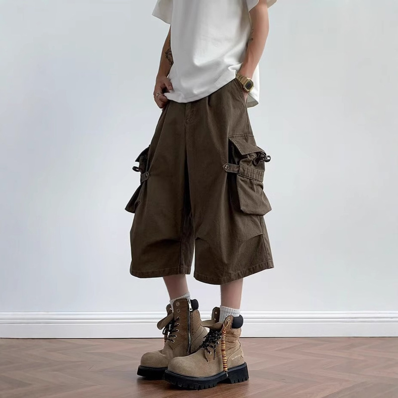 Summer Japanese Retro Trendy Brand Multi-Pocket Cargo Shorts Unisex Loose Casual Versatile Straight Cropped Pants Trendy