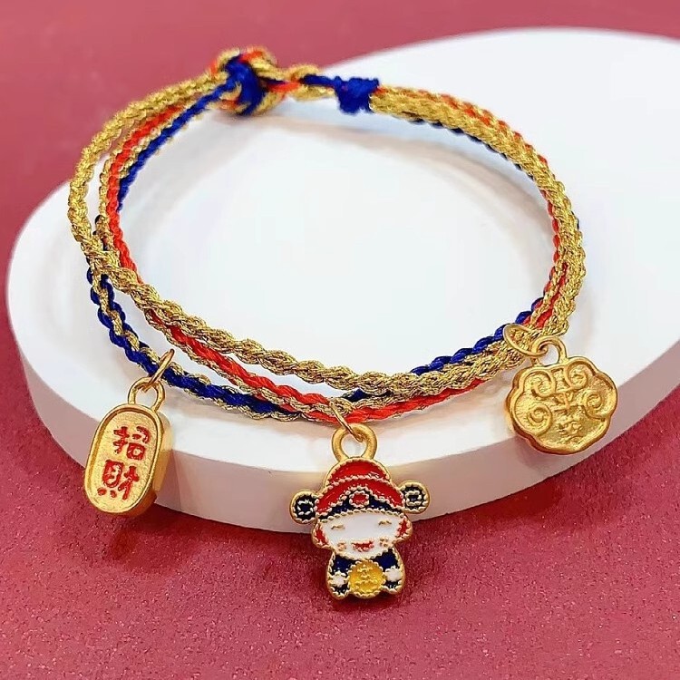 Gold God of Wealth Bracelet Women's Pure Gold 999 Bring in Wealth and Treasure Bracelet Pure Gold Safety Lock Three Lives Three Worlds Handmade Women's