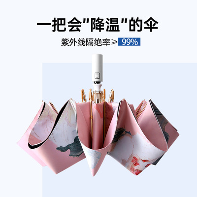 全自动雨伞手绘插画风太阳伞黑胶钛银女防晒防紫外线便携遮阳伞|ms