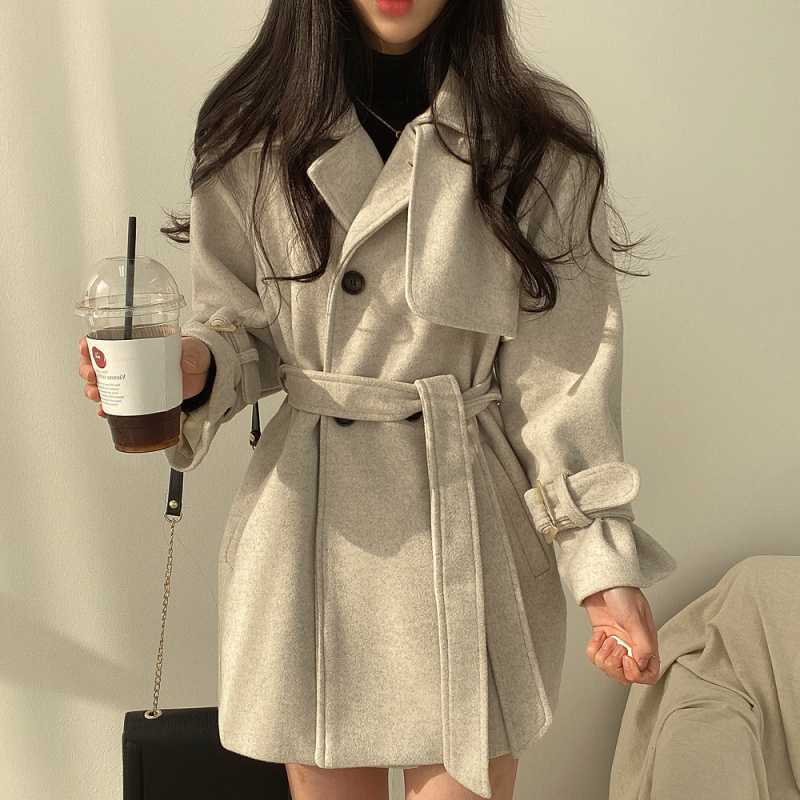 Autumn and Winter Korean Style Casual Fashion Lace-up Retro Trunker Woolen Coat