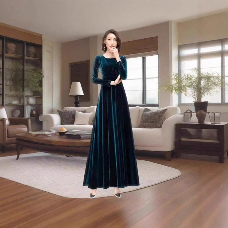 Original Factory Goods!! Autumn Velvet Long-Sleeve Dress with a Cinched Waist, Slimming and Elegant, Flared Long Dress for Women