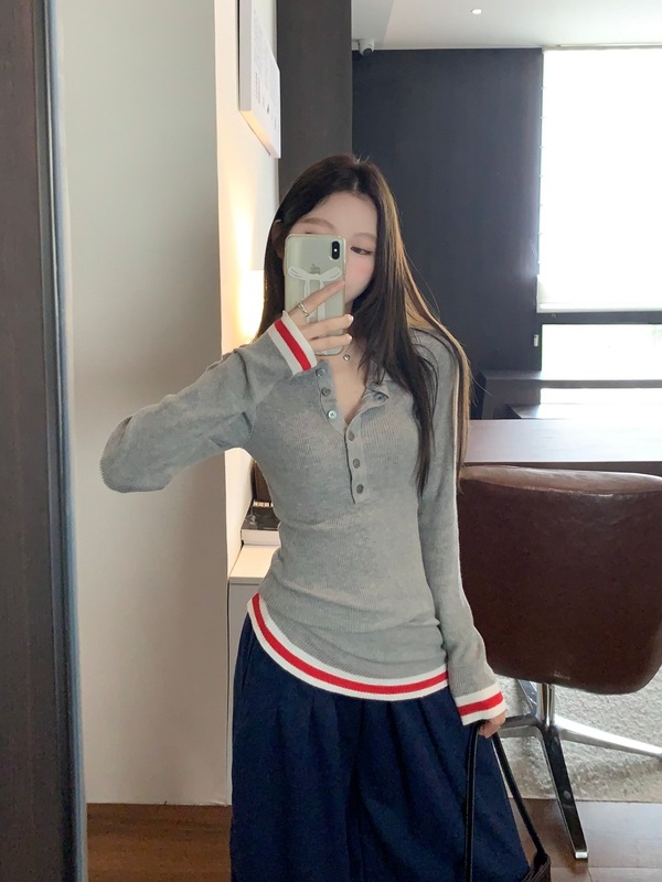 秋冬新款设计感修身显瘦长袖上衣美式复古撞色条纹Polo领纯欲上衣|undefined