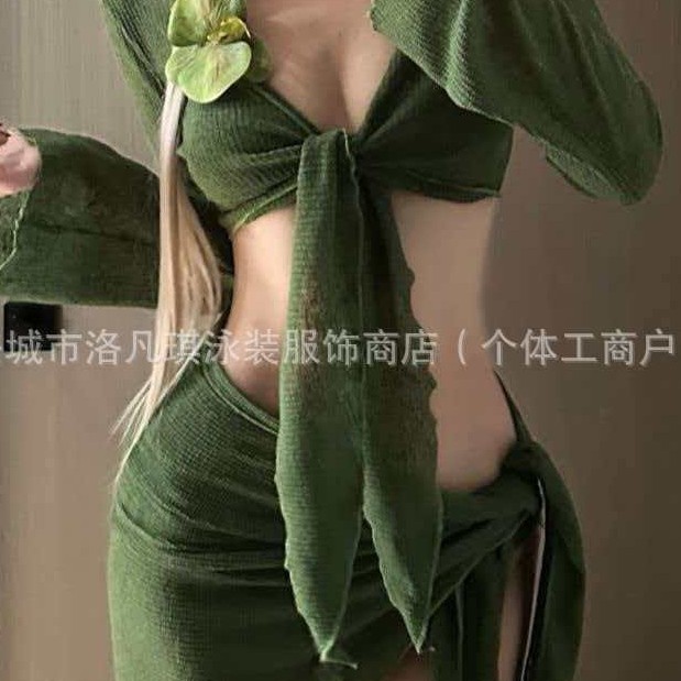 Pickled Green Whitening Bikini Four-Piece Sexy Pure Desire Flower Split Slimming Cover-Up Vacation Swimsuit for Women