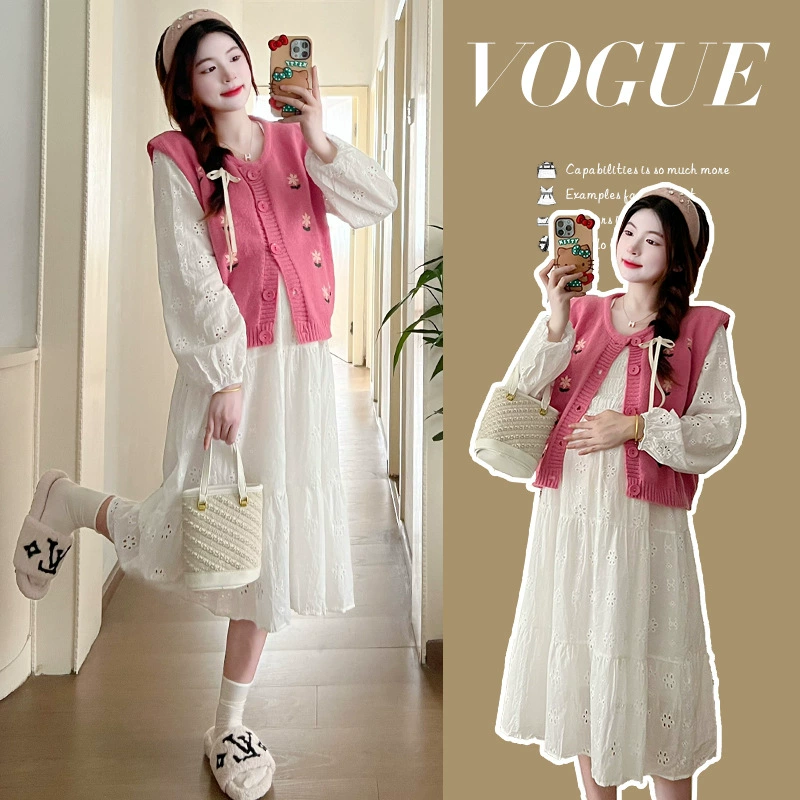 Реальный выстрел в наличии 2023 осеннее французское милое темпераментное платье с длинными рукавами, платье из двух частей для беременных