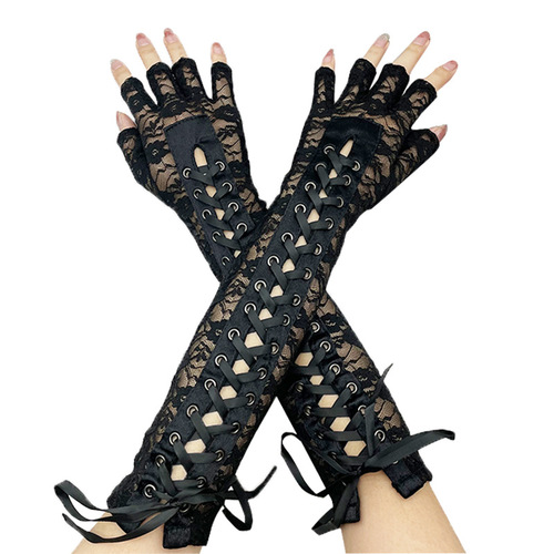 Adult women singers nightclub bar punk rock jazz dance long length black lace gloves Prom mitten Gloves lolita jk half finger female sexy cos half sleeve 