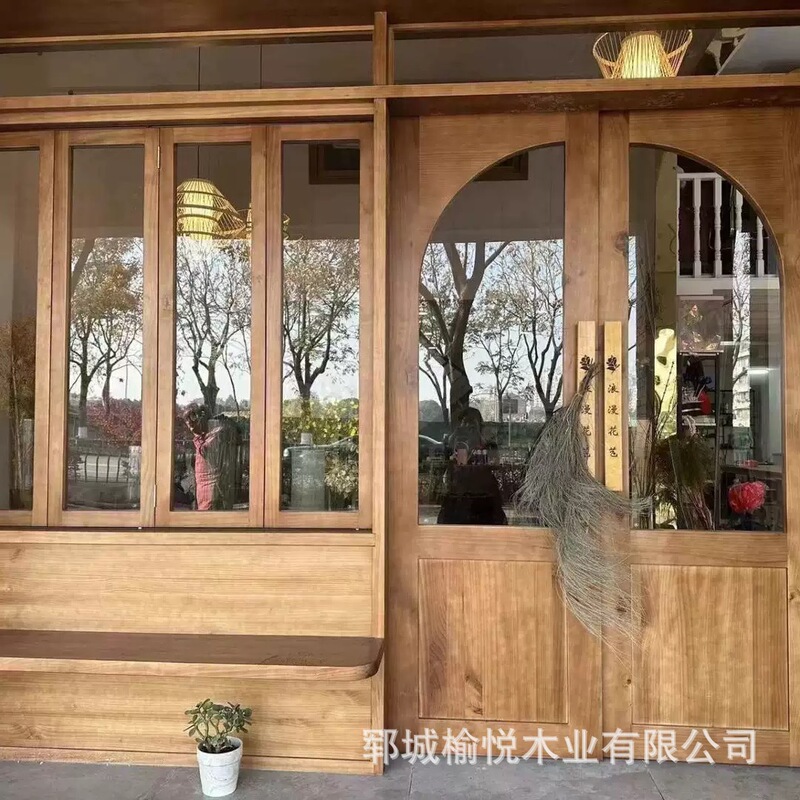 Old Elm Entrance Door Coffee Shop Glass Door Swing Door Arched Shop Door Solid Wood Courtyard Door