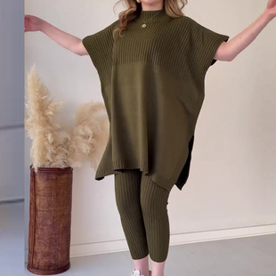 Fall 2023 new European and American Amazon cross-border round neck batwing shirt plus size loose sweater casual two-piece set