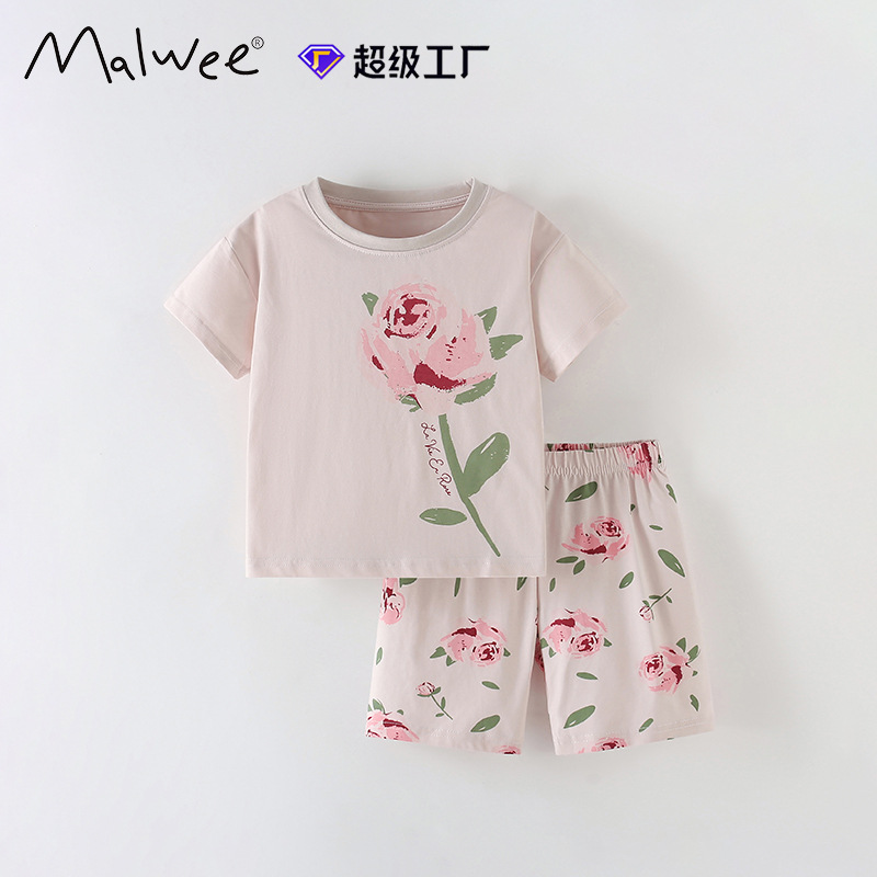 Transfronterizos para malwee niñas con un nuevo conjunto de verano europeo y americano para niños de mediana edad cuello redondo de manga corta de dos piezas