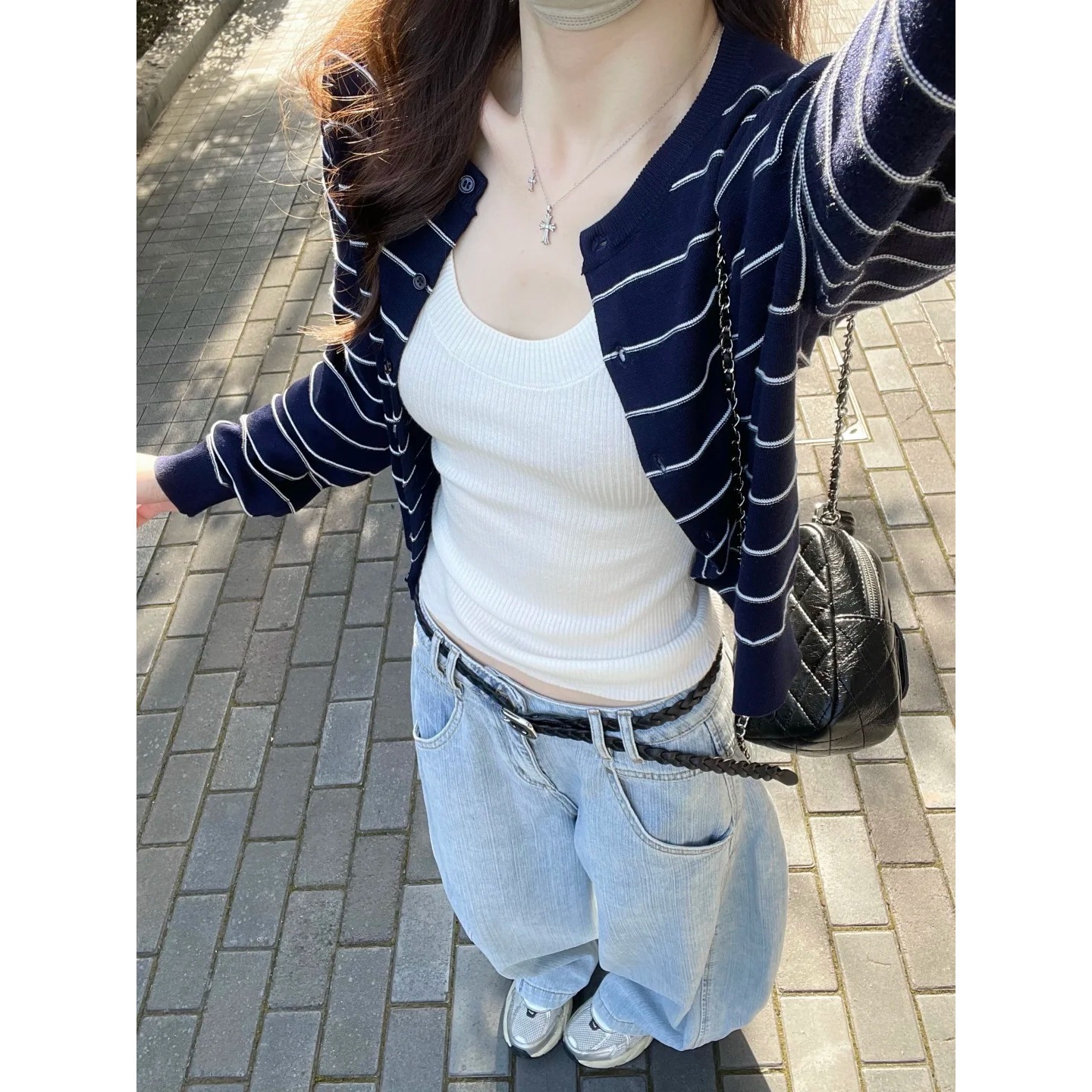韩系chic撞色条纹设计感针织毛衣开衫女秋季气质通勤纽扣上衣外套