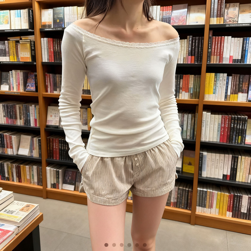 Bm Style Lace Trim Off-Shoulder Long-Sleeve T-Shirt with Exposed Collarbone, Women's Bm Spicy Girl Base Shirt Long-Sleeve Top Bm Style Lace Trim Off-Shoulder Long-Sleeve T-Shirt with Exposed Collarbone, Women's Bm Spicy Girl Base Shirt Long-Sleeve Top