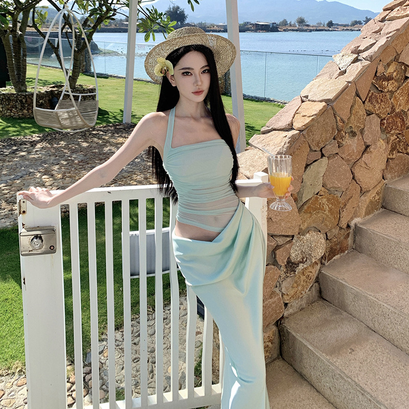 Mint Green Stretch Mesh Patchwork Faux Two-Piece Slim Fit Halter Neck Long Sleeve Mid-Length Dress for Women Mint Green Stretch Mesh Patchwork Faux Two-Piece Slim Fit Halter Neck Long Sleeve Mid-Length Dress for Women