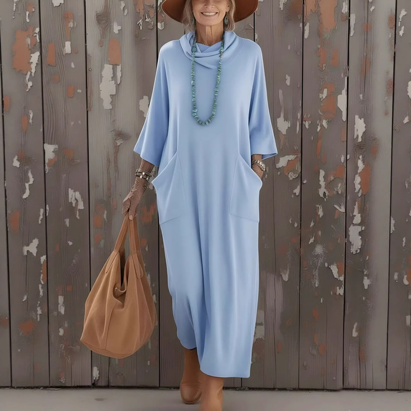 2026 New Model in Stock for Cross-Border Amazon Independent Sites, Comfortable High-Neck Loose Pocket Knit Dress for Women
