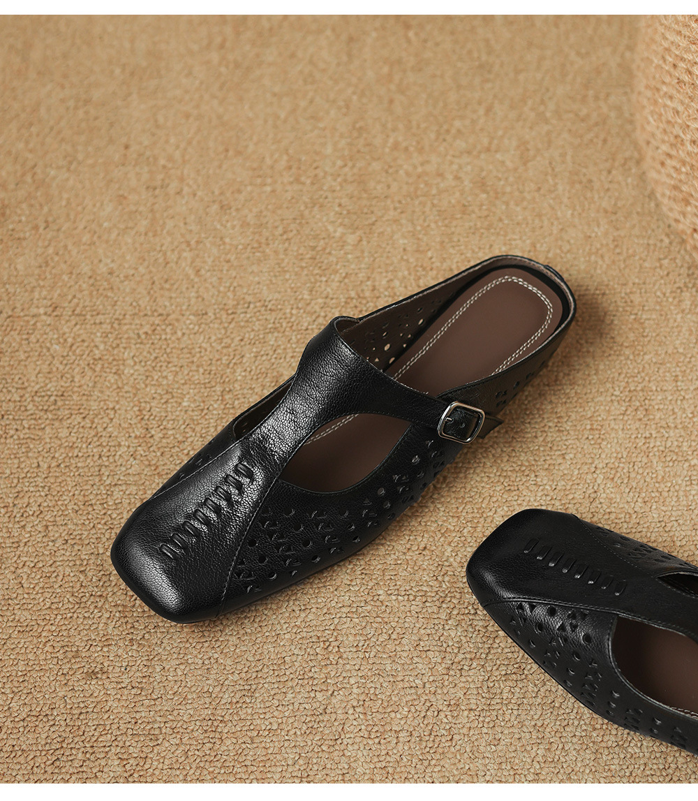 Dép sandal nữ xỏ ngón đế bệt quai chữ T đục lỗ mùa hè — đen chi tiết 22