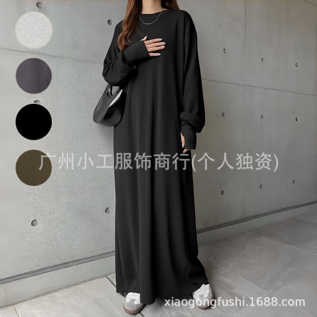 2025乐天日韩款简约卫衣连衣裙女宽松遮肉休闲长袖慵懒风过膝长裙