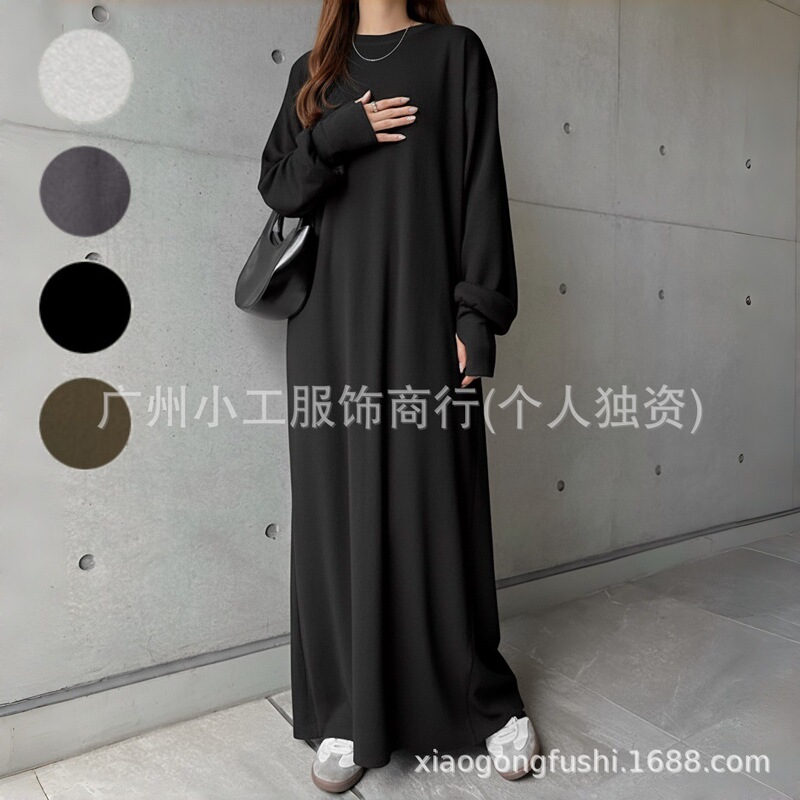 2025 Lotte Japanese and Korean Style Simple Sweatshirt Dress for Women, Loose and Flesh-Covering, Casual Long-Sleeved, Lazy Style, Knee-Length Dress