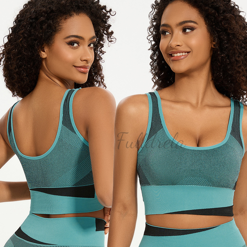 Transfronteriza explosión ropa interior deportiva mujer color contrastante cinturón de hombro amplio ropa interior sin costuras ropa interior de yoga transpirable chaleco deportivo