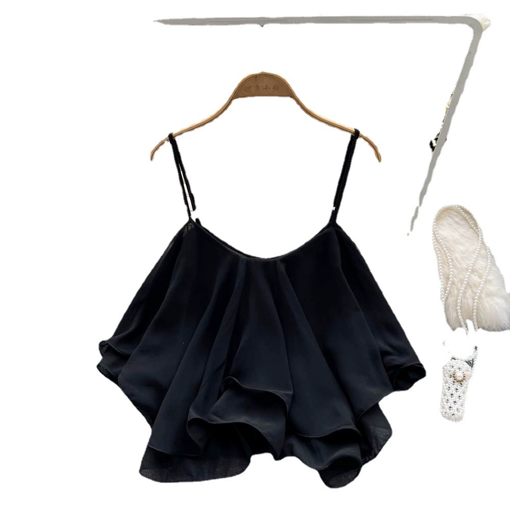 Off-shoulder Ruffled Chiffon Blouse, Double-Layer Sleeveless, 2022 Summer, One Size