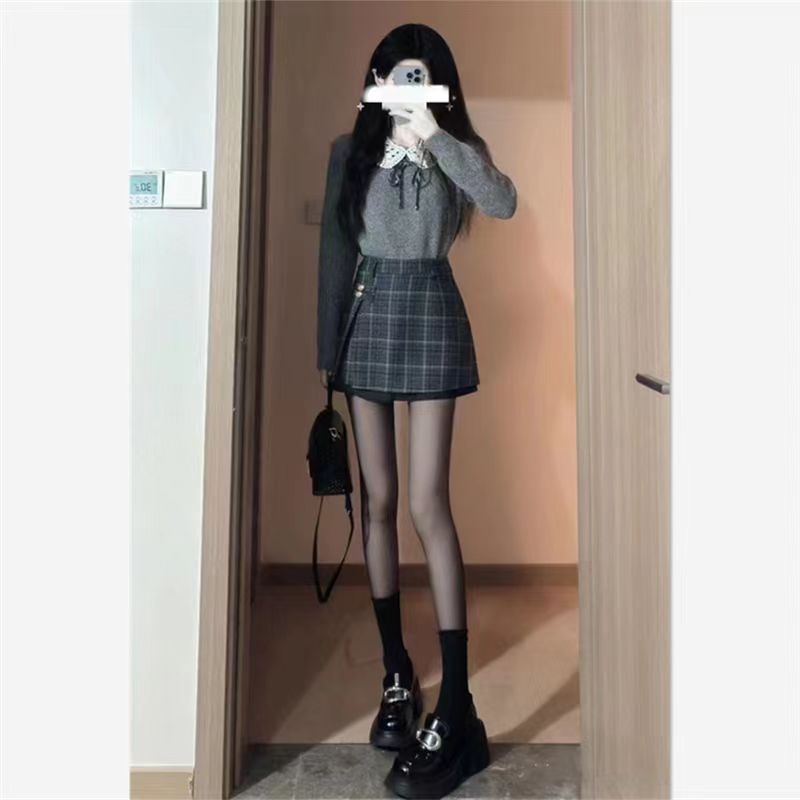 复古学院风套装女秋冬韩剧奶乖盐系甜辣纯欲风毛衣格纹短裙两件套|undefined