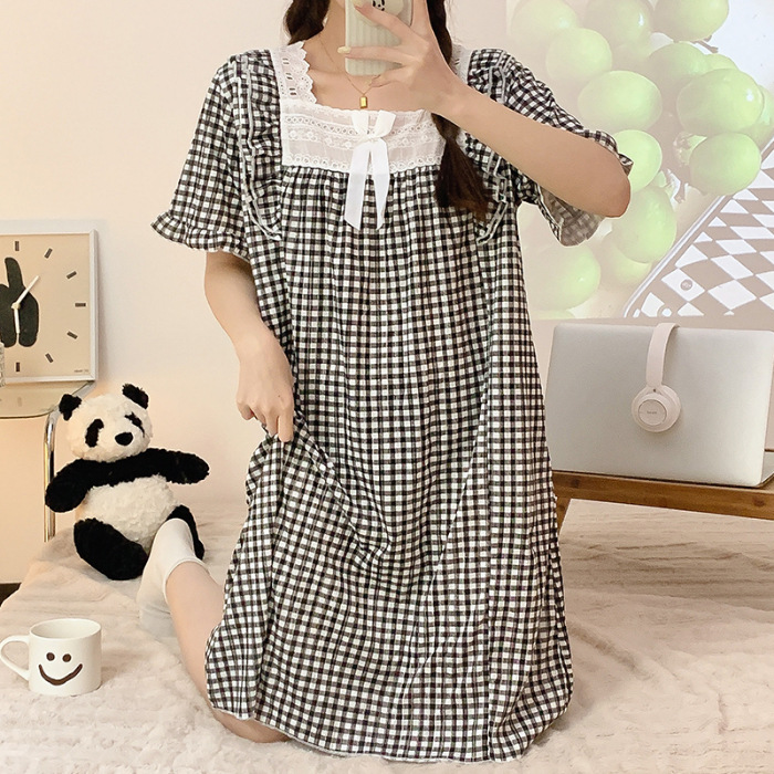 Verano de manga corta camisón de encaje de la muchacha pijamas princesa estilo suelto más tamaño de dibujos animados ropa para el hogar al por mayor