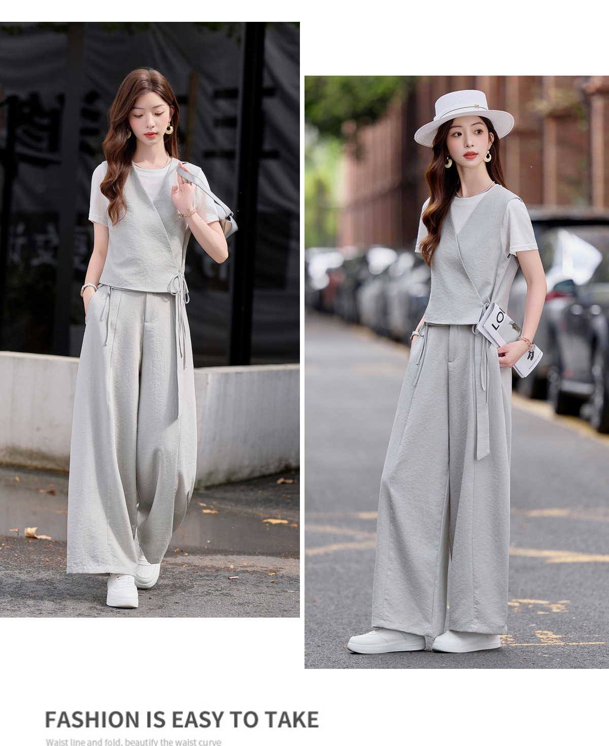 Bộ ba món mùa hè nữ gồm áo thun cổ tròn, áo vest cổ V và quần ống rộng — màu đen, màu xám chi tiết 17