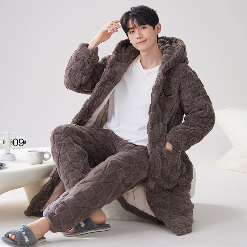 Pijamas de invierno para hombre 2024, bata acolchada de tres capas de longitud media, forro polar coral cálido con capucha, informal y grueso para uso exterior