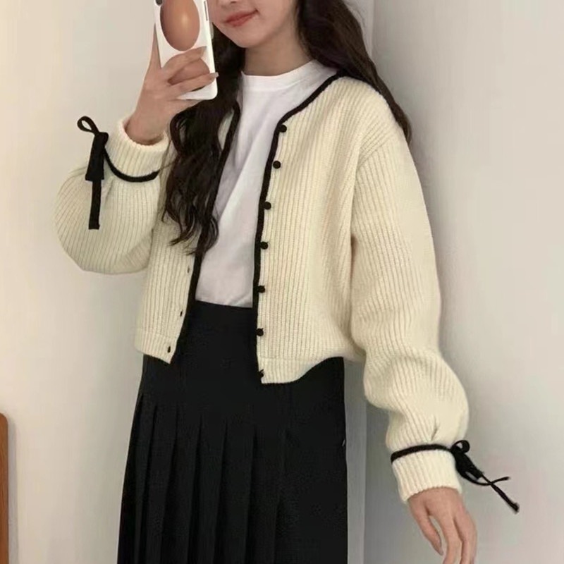 韩系甜美风短款针织开衫女秋冬季设计感小众系带毛衣外套外搭上衣|undefined