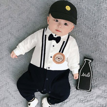 婴儿绅士连体衣春秋长袖领结哈衣0一18个月男宝宝纯棉爬服周岁礼