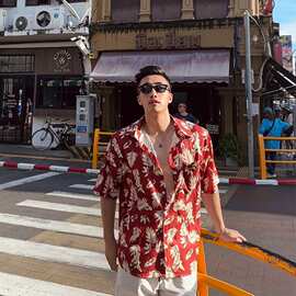 夏季红色花衬衫男高街痞帅海岛度假风潮牌复古短袖男士冰丝衬衣潮