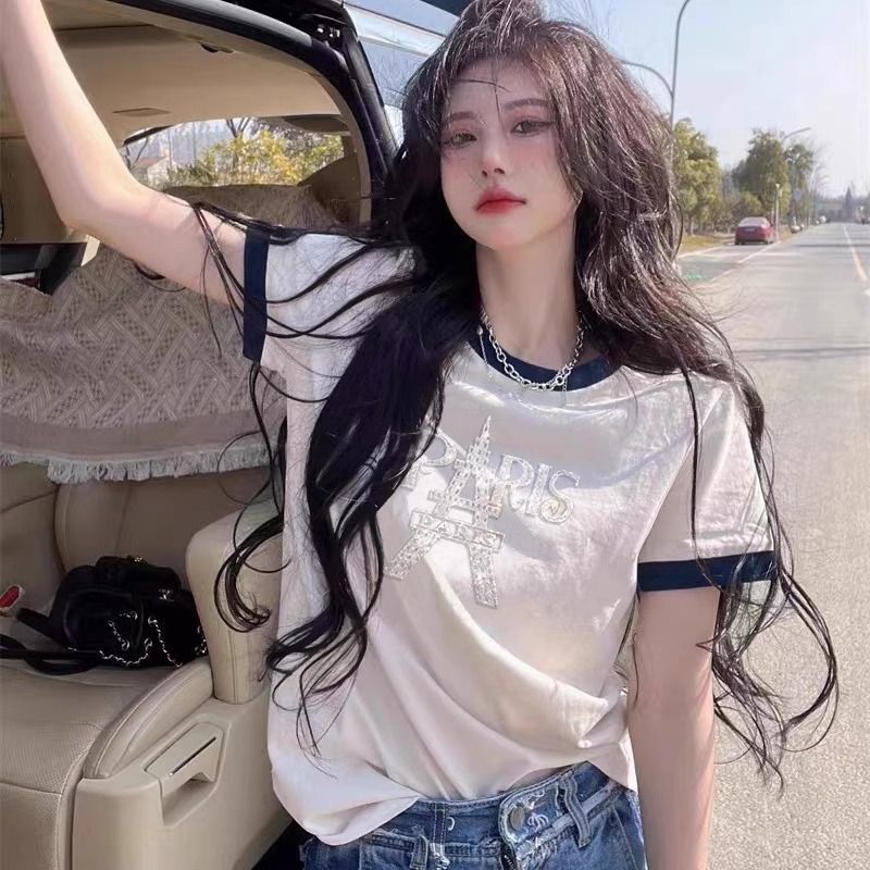 European Station Pure Cotton White T-Shirt Women's Paris Tower Contrast Color-matching Short-sleeved Base-layer Shirt Summer Dress Instagram Popular Brand