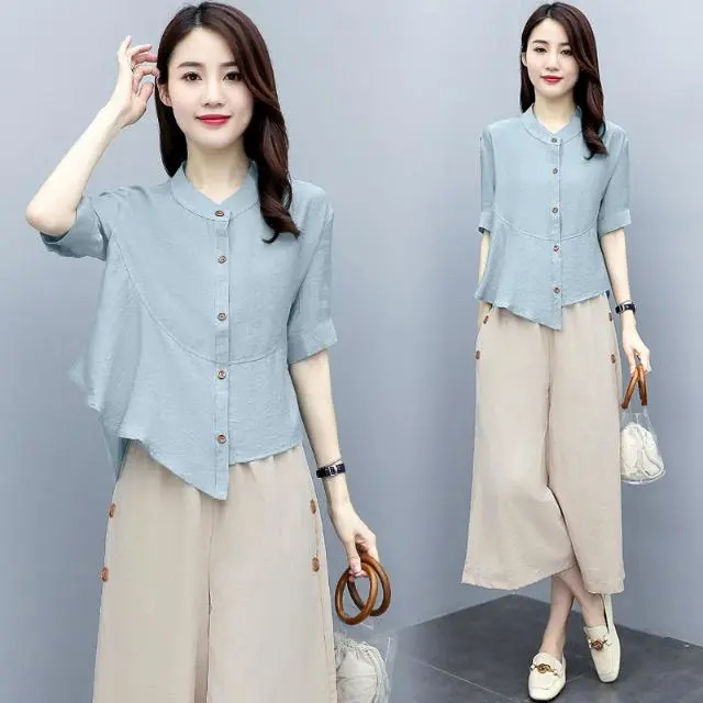 Linen Set Women's 2023 Summer New Fashionable Elegant Age-reducing Shirt Top Loose Wide-leg Pants Cotton and Linen Two-piece Set