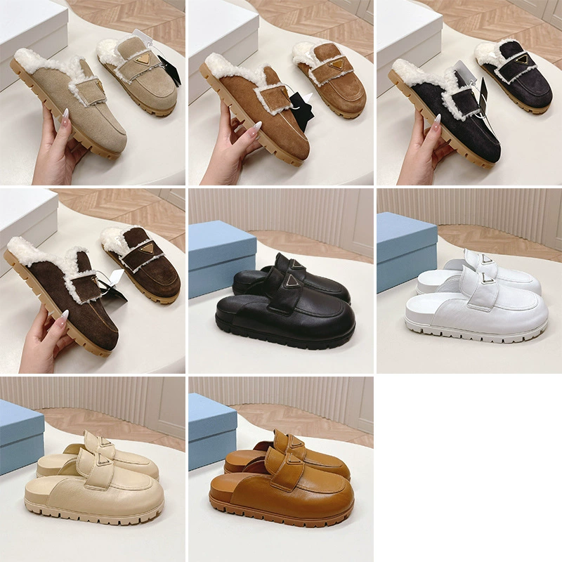 В наличии высокая версия 2024 года, плюшевые тапочки на толстой подошве с треугольной пряжкой, лоферы, полутапочки для уличной носки, теплая обувь для пар из ягненка.