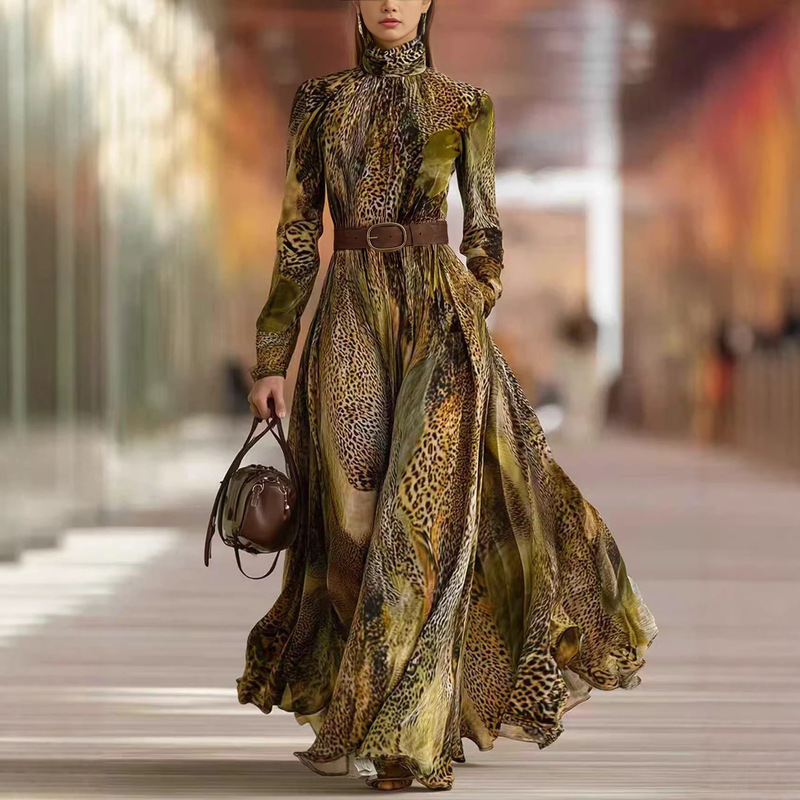 European and American Cross-Border 2026 Spring and Autumn New Women's Long-Sleeve Dress, Fashionable Leopard Print, Slimming Mid-Length Flared Dress European and American Cross-Border 2026 Spring and Autumn New Women's Long-Sleeve Dress, Fashionable Leopard Print, Slimming Mid-Length Flared Dress