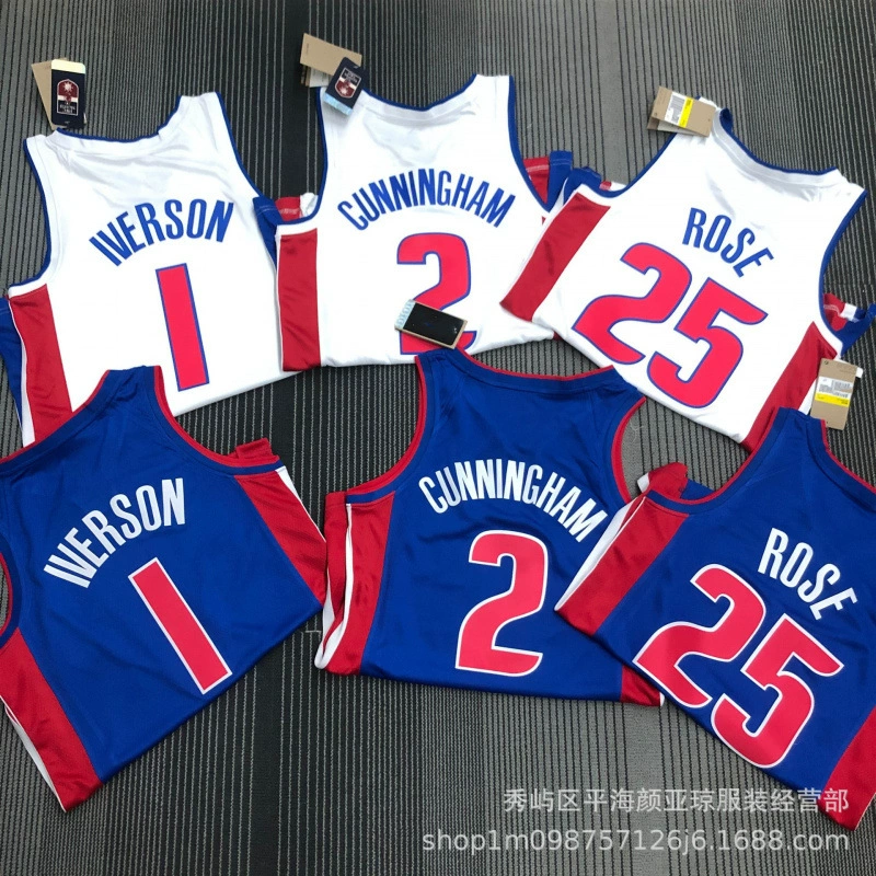 Термопрессованная баскетбольная форма Pistons № 25 Rose, № 1 Iverson, № 2 Cunningham для экспорта и трансграничных игр