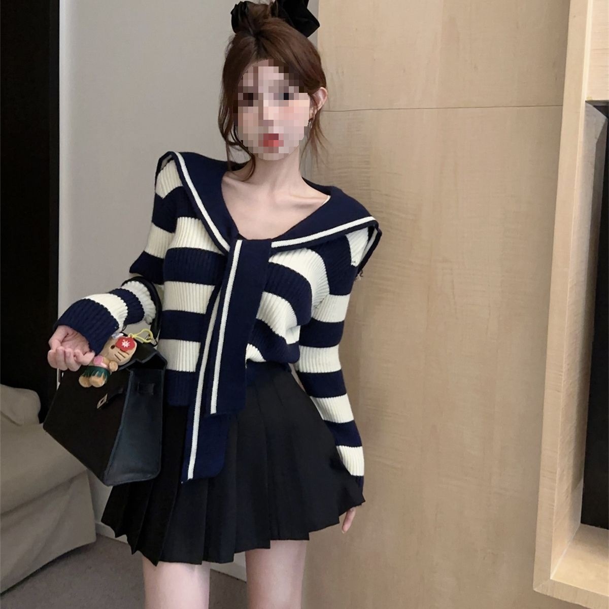 韩系学院风套装女春秋针织毛衣上衣女设计感洋气减龄半身裙两件套