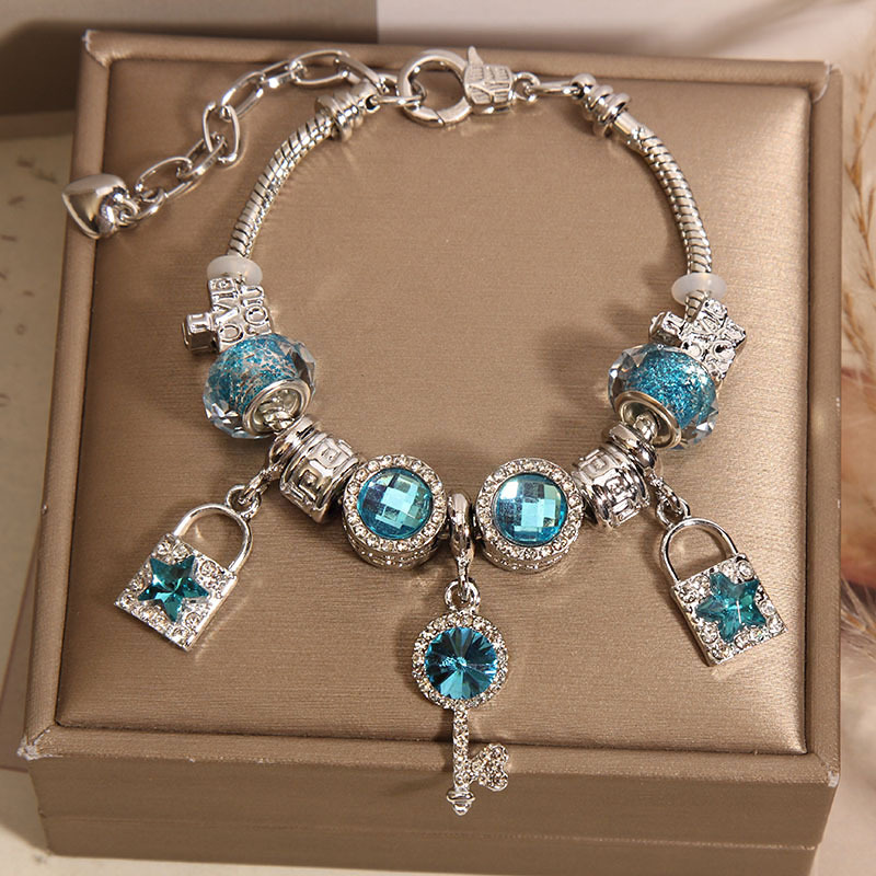 Forest Series Blue Glass Bead Bangle With Key Lock For Women_voghion.com