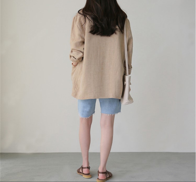 2026 Spring/Summer Korean New Herringbone Linen Loose Simple Women's Long Sleeve Casual Blazer_ecoleips.com