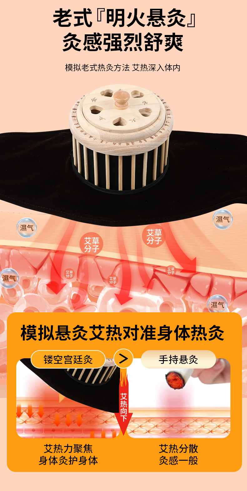 Wooden Hollow Palace Moxibustion Box Home Full Body Warming Device with 54 Stone Ground Moxa Cones overview