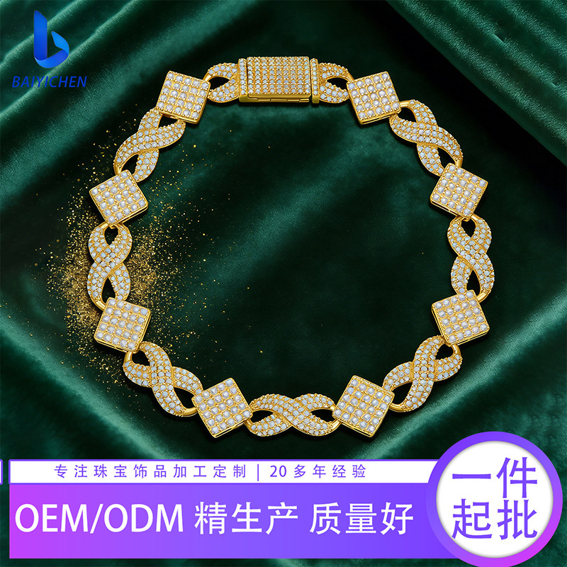 New Cross-Border Hot-Selling Faith Light 18K White Gold-Plated Moissanite Bracelet for Men, European and American Hip-Hop Style Cuban Chain