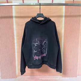 正确版本B家25FW新款水洗做旧直喷夜景城市印花连帽卫衣情侣款INS