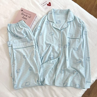 纯棉睡衣女秋季新款小翻领印花甜美可爱女款双长家居服套外贸批发