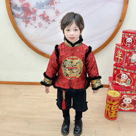 男童中国风冬季新款儿童宝宝汉服唐装贴布龙绣花两件套新年拜年服