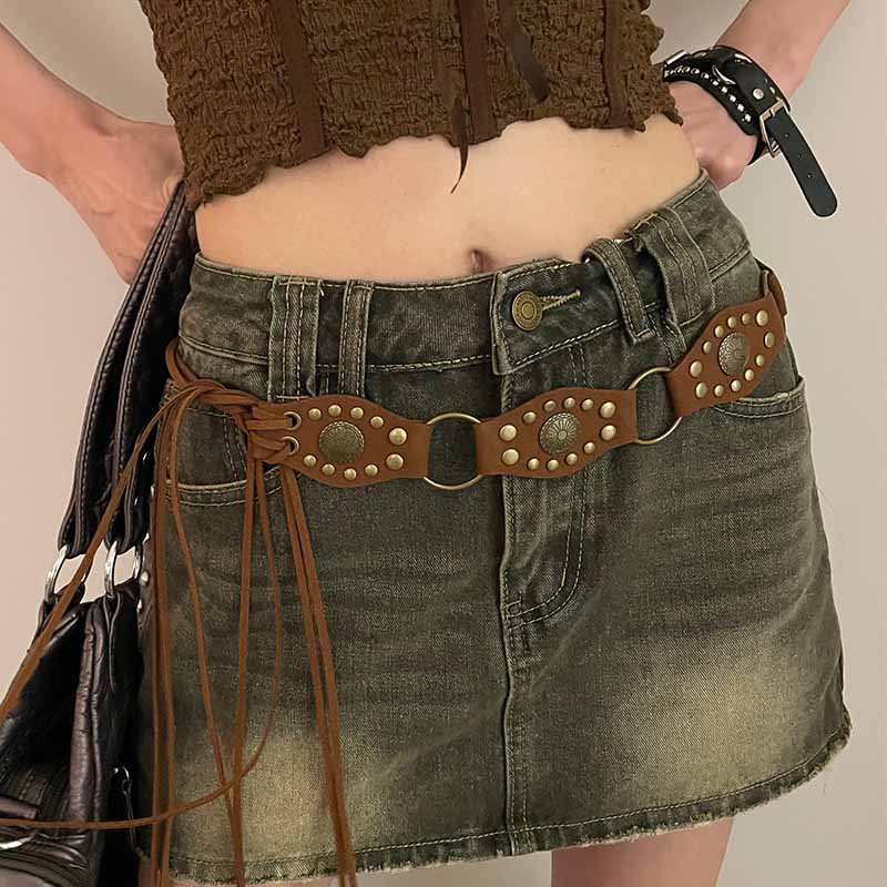 Cinturón de remache occidental retro estilo étnico femenino cinturón bohemio con falda pantalones con sello de cintura accesorios marrón