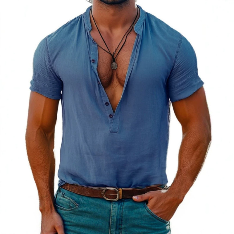 European and American Men's Short-Sleeved Shirts, Men's Summer Thin Casual Stand-Up Collar T-Shirts, Breathable Pullover Shirts, Export Cross-Border Men's Clothing