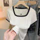 This year's popular outer wear square collar color stitching close-fitting short-sleeved T-shirt female hot girl niche ice silk top base shirt