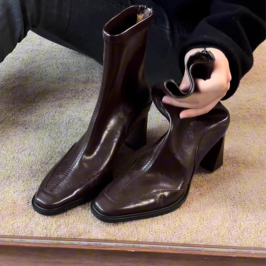 Genuine Leather High-Heeled Shoes, Short Boots for Women, 2025 Autumn and Winter New Square-Toe Boots, Black Velvet Thick Heel Slim Boots