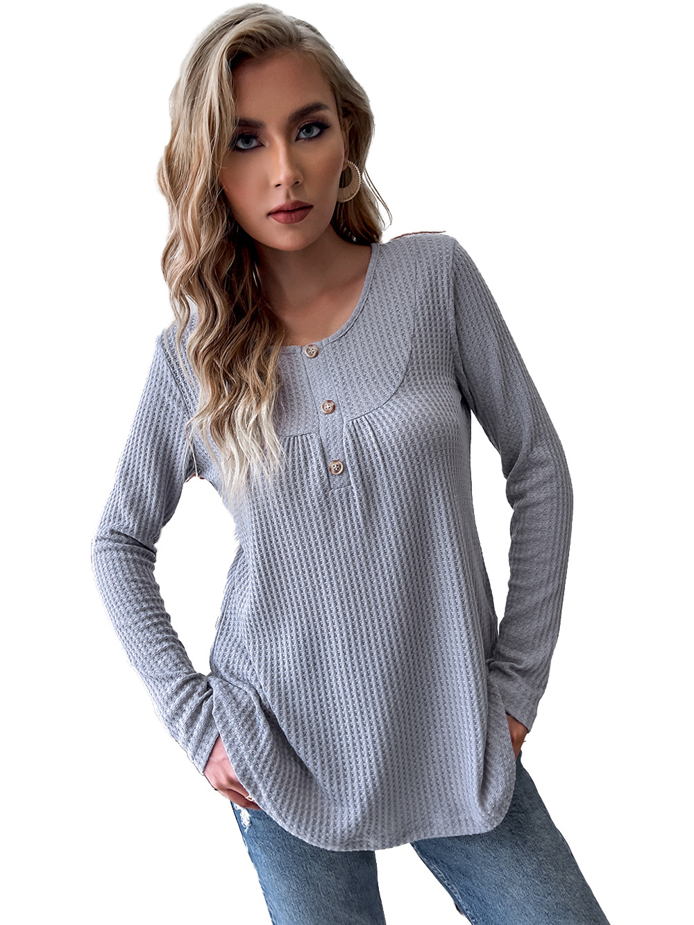 solid color round neck casual loose long-sleeved t-shirt Nihaostyles wholesale clothing vendor NSDF76443