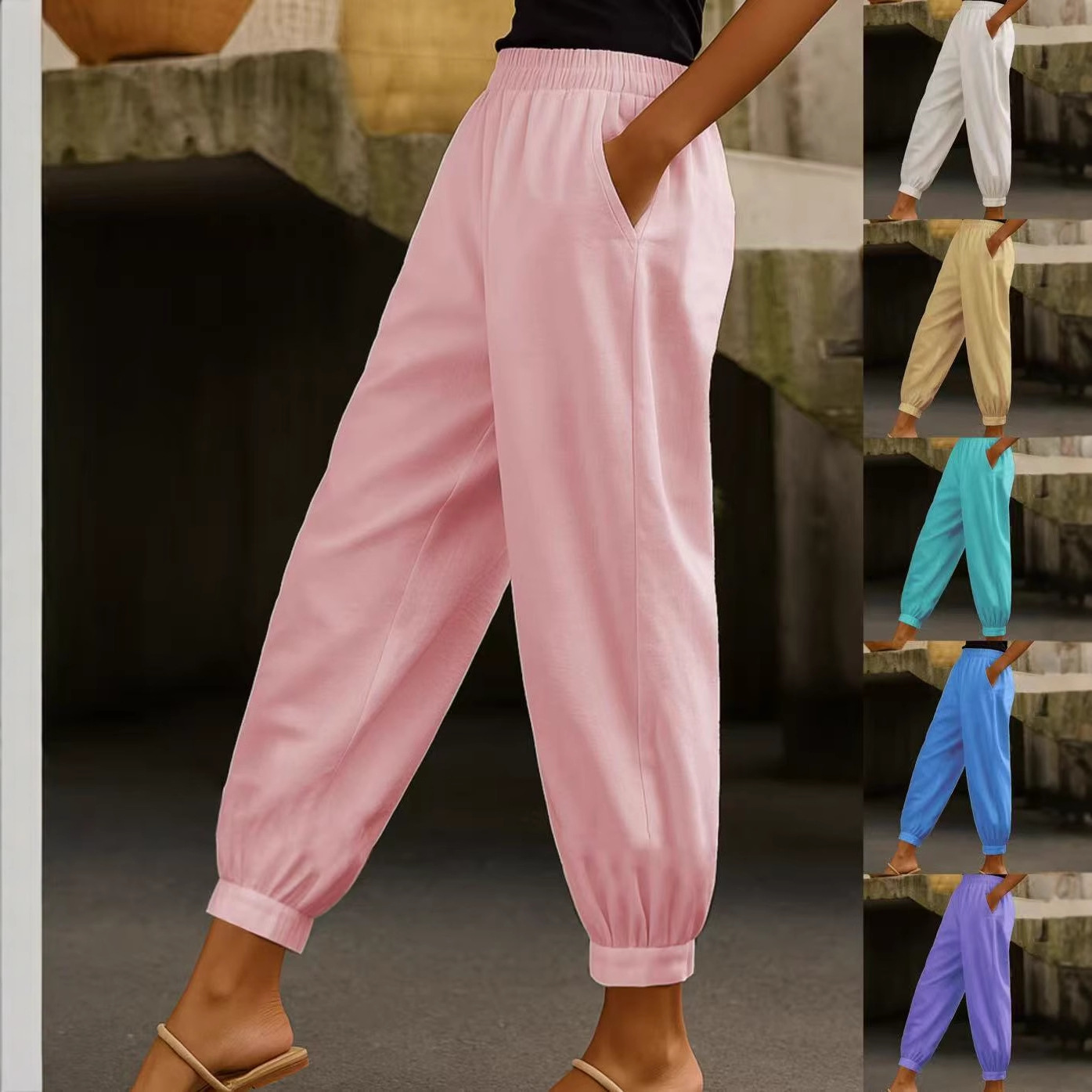 European and American Cross-Border Autumn New Women's Pants Cotton Linen Solid Color Fashion Casual Daily Side Pocket Elastic Waist Slim Pants